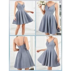 Ever Pretty Shiny Deep V Neck Short Dress Dusty Navy Size (10)